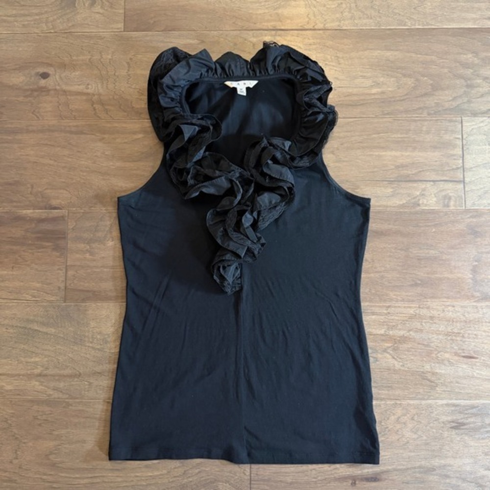 CAbi Black Ruffle Lace Trim Sleeveless Knit Top Womens Medium